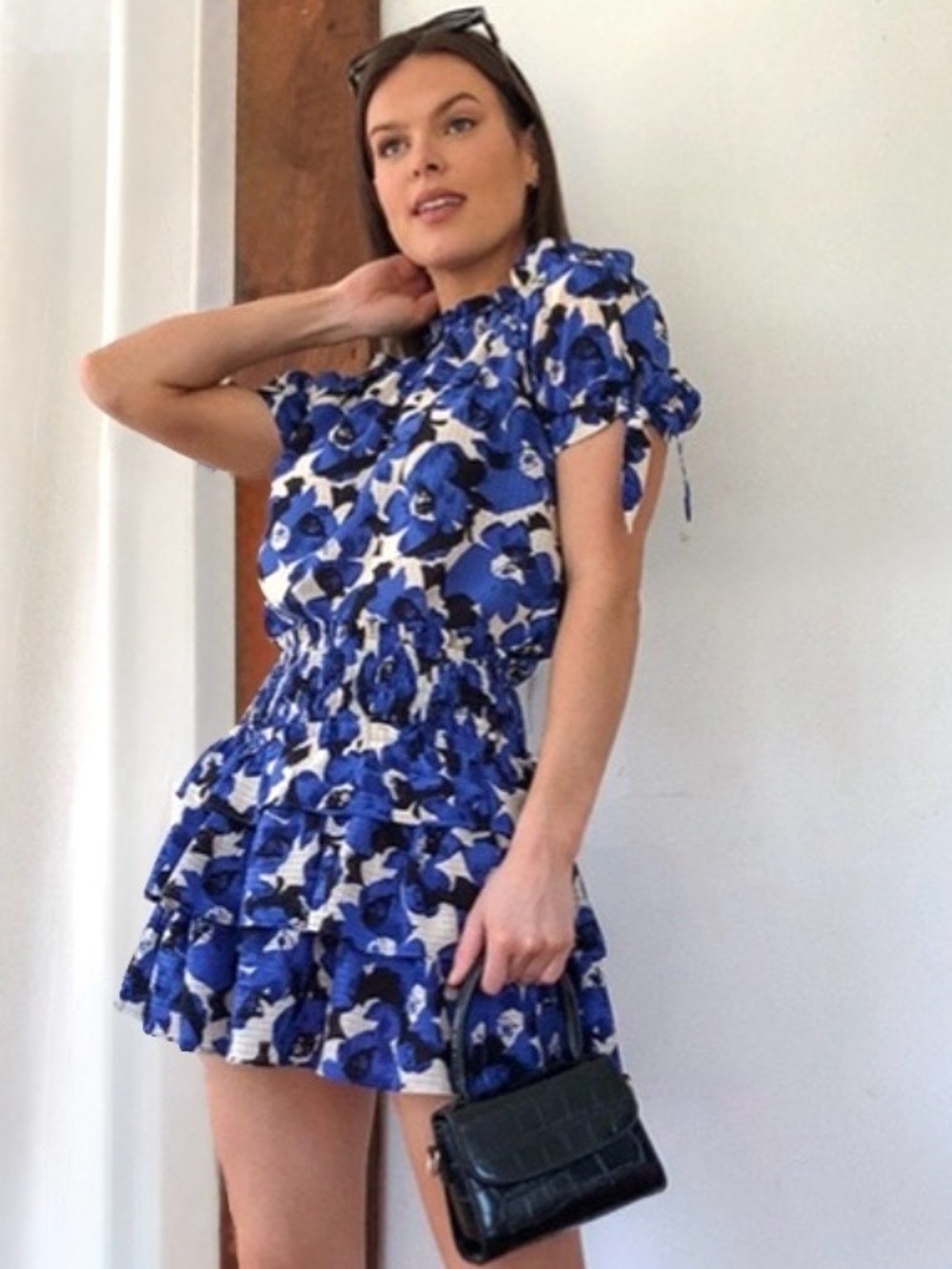 WHO WHAT WEAR Tiered Gingham Stamped Floral Mini Skirt Blu/Black/White Sz L, NWT